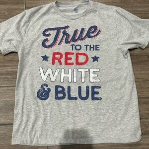 Gray Graphic T-Shirt with Red, White, and Blue Text